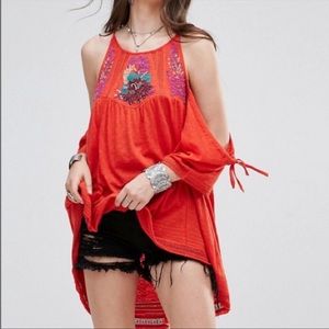 Free People Fast Time Embroidered Beaded Cold Shoulder Top